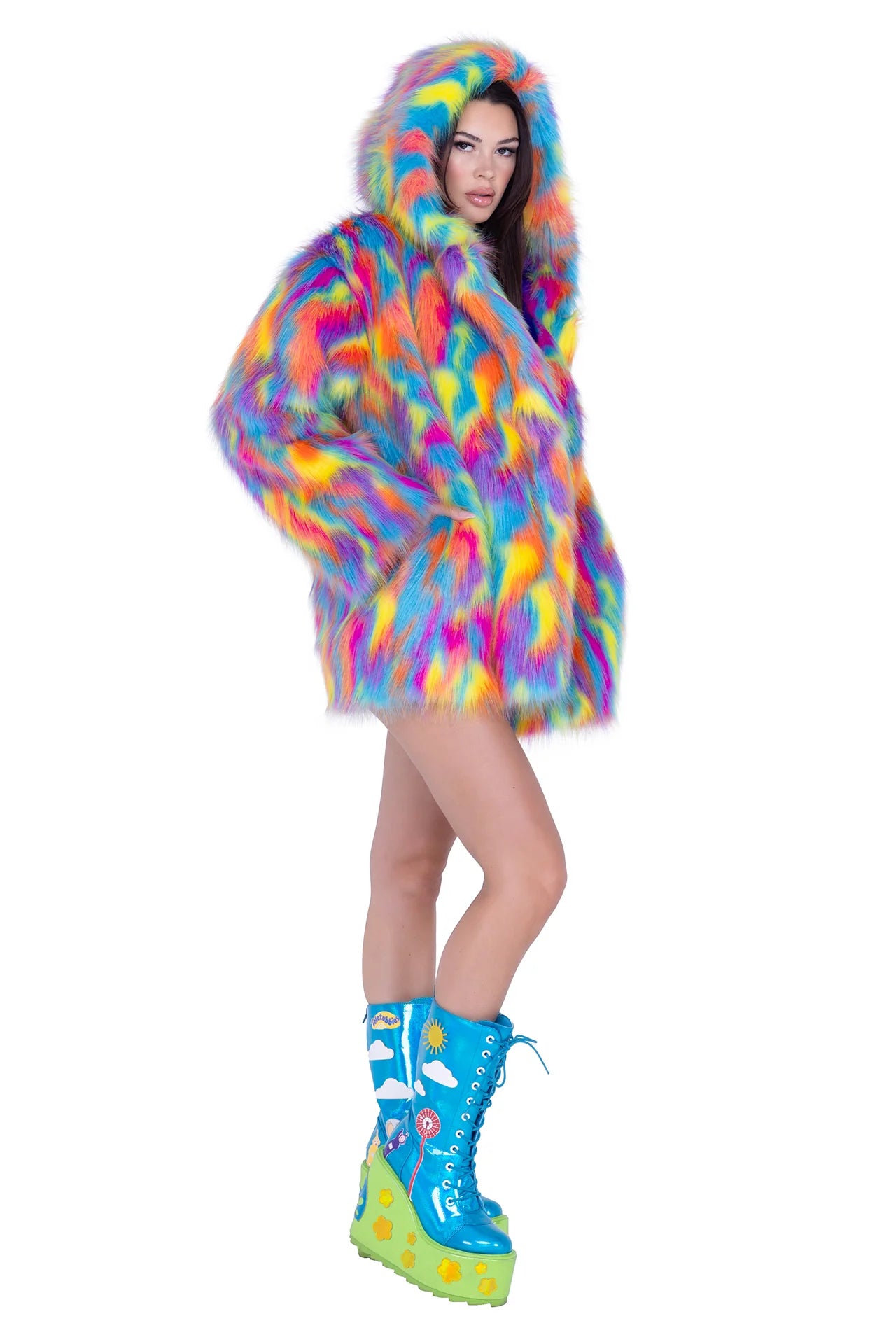 THIGH-HIGH HOODED FUR COAT