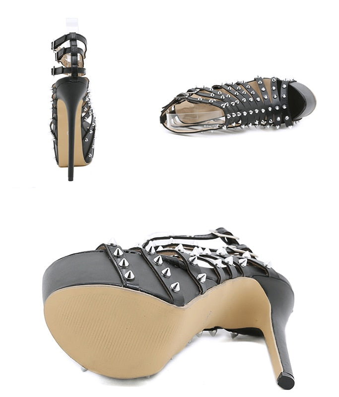 Gladiator Rivet Women High Sandals Summer Sexy Stripper Thin Heels Shoes Platform Fashion Narrow Band Pumps
