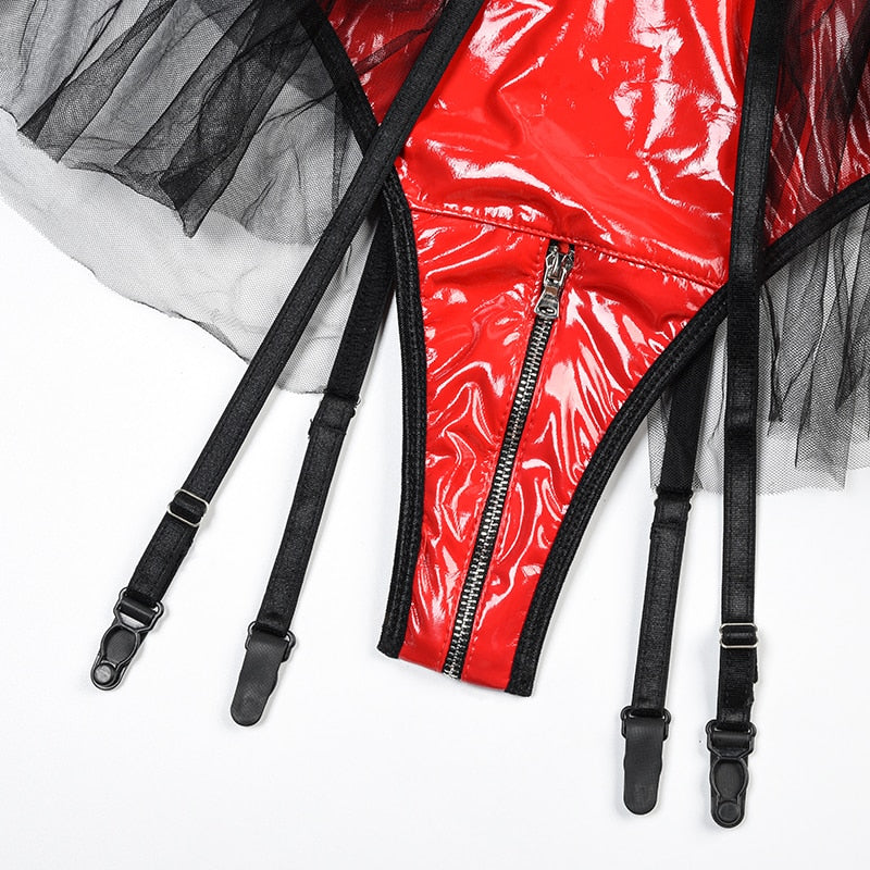 One Piece Leather Women Bodysuit Crotchless Zipper