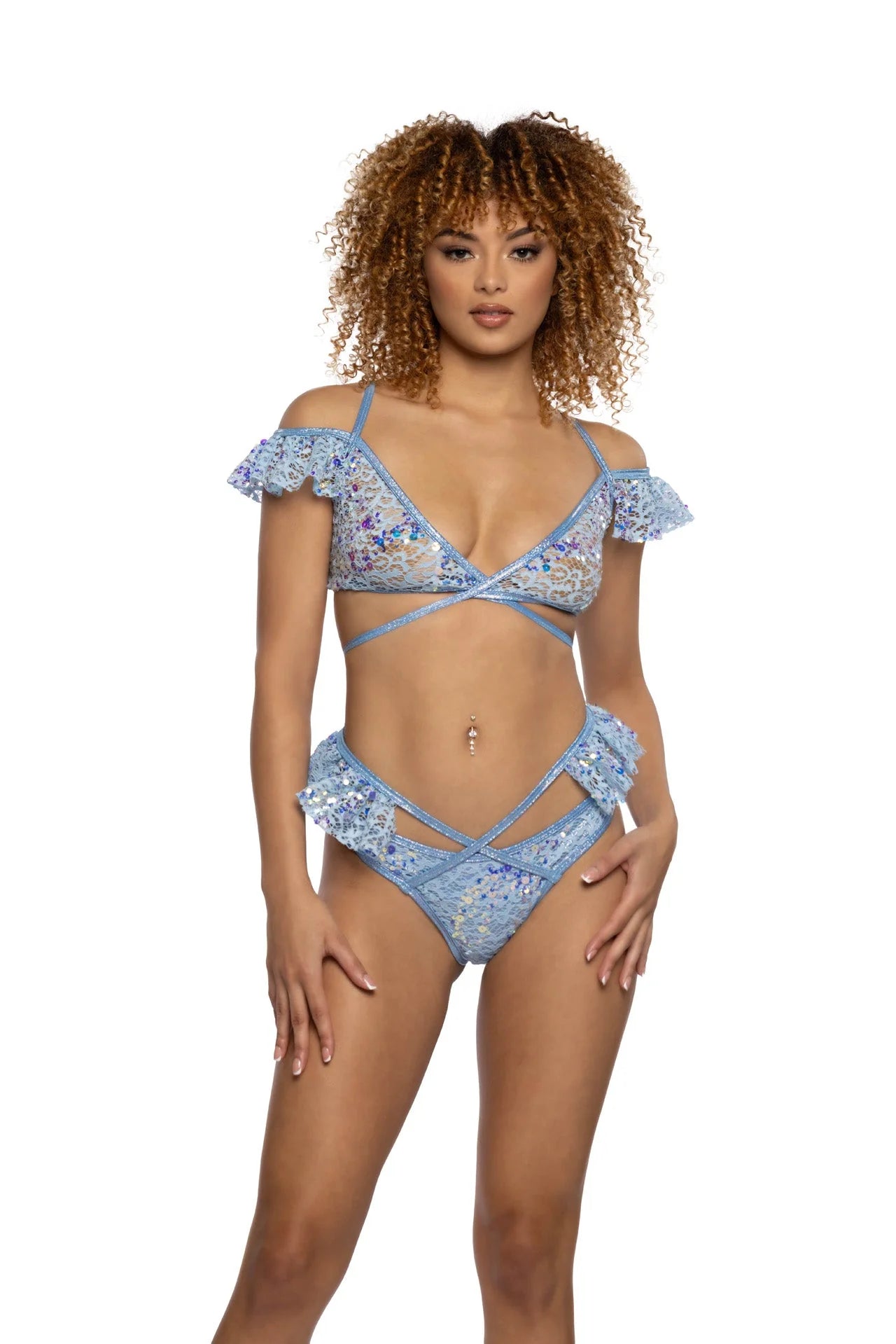 SEQUIN LACE RUFFLE WRAP TOP AND BOTTOM