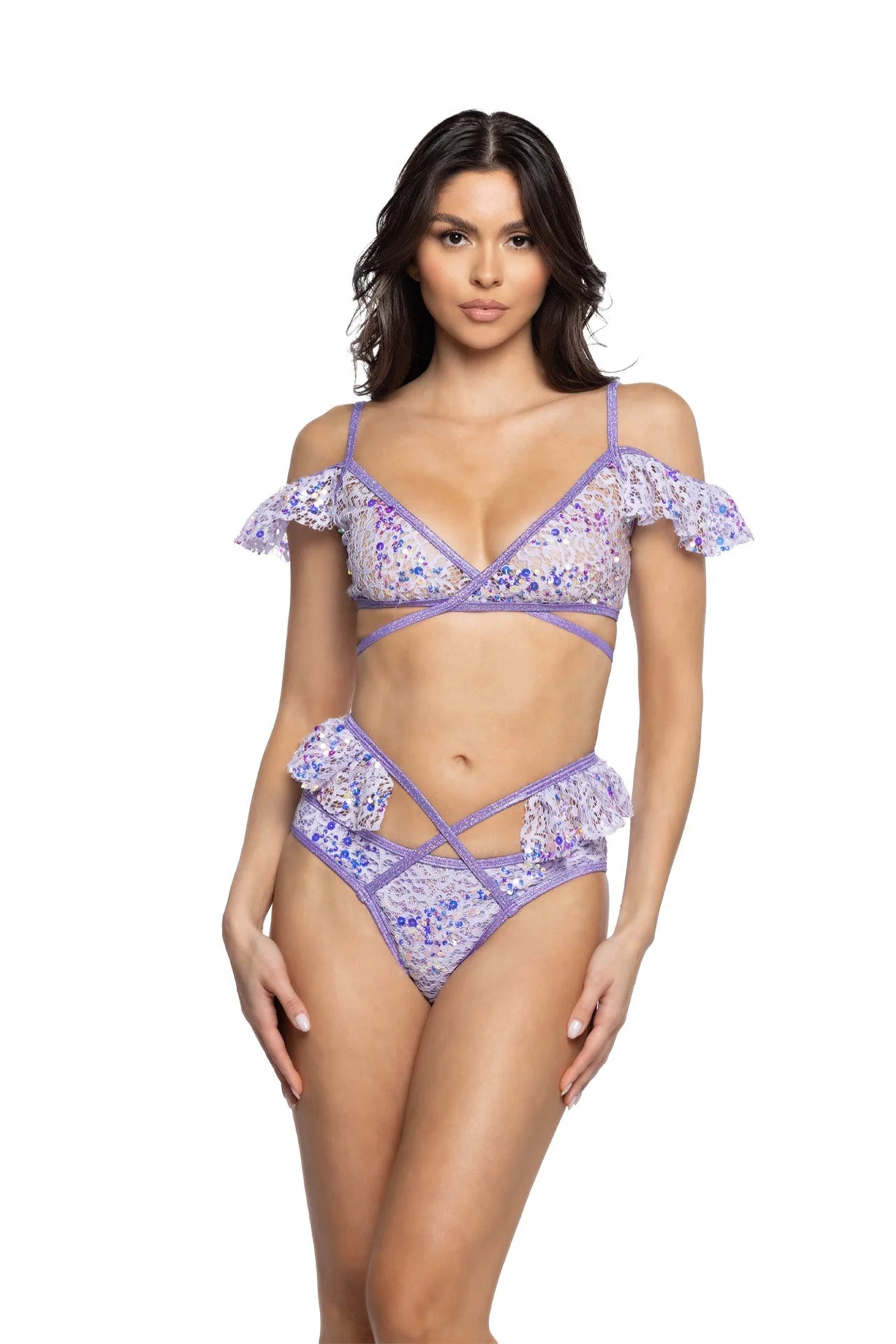 SEQUIN LACE RUFFLE WRAP TOP AND BOTTOM