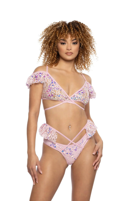 SEQUIN LACE RUFFLE WRAP TOP AND BOTTOM