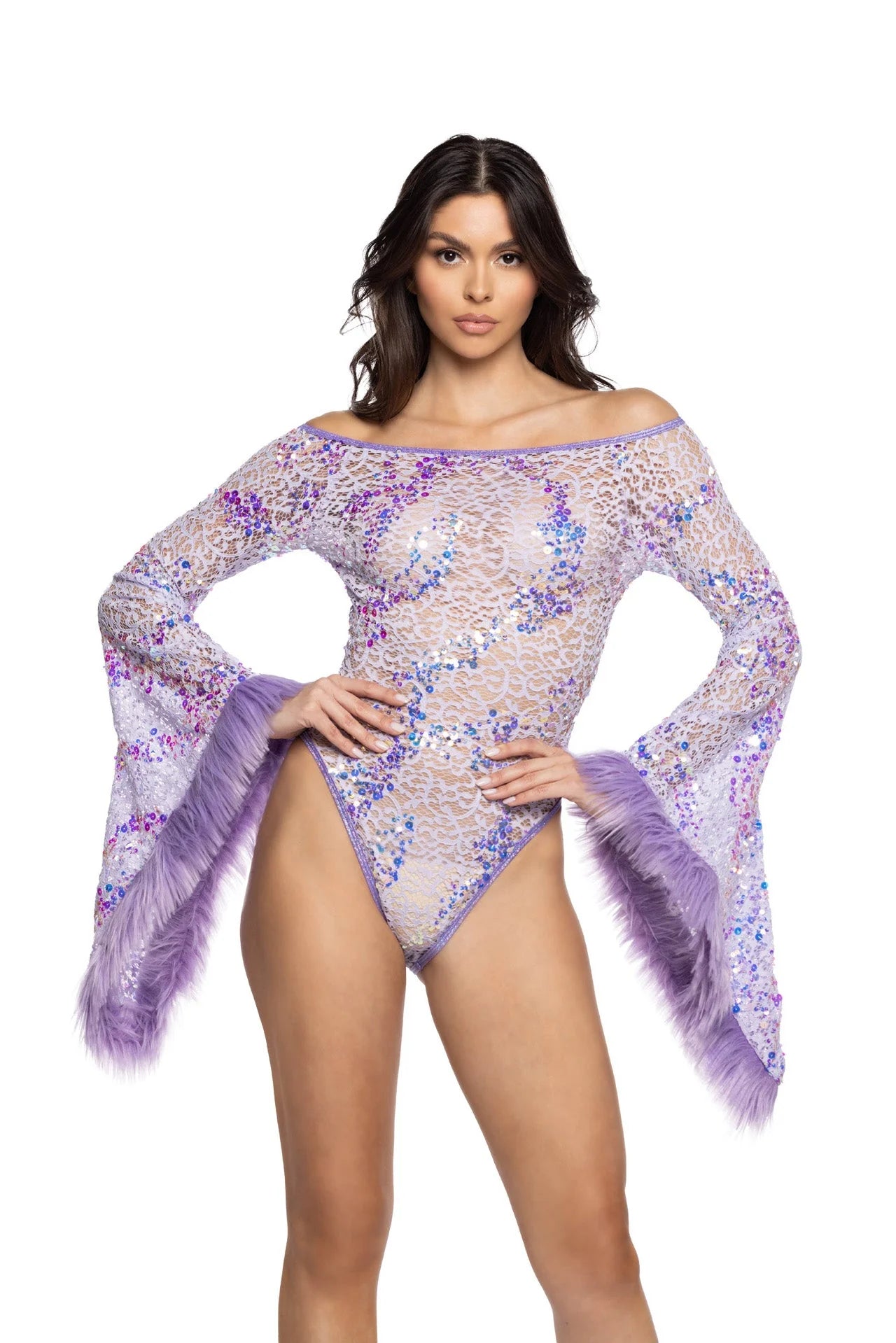 FAUX FUR TRIMMED FLAIR SLEEVE BODYSUIT