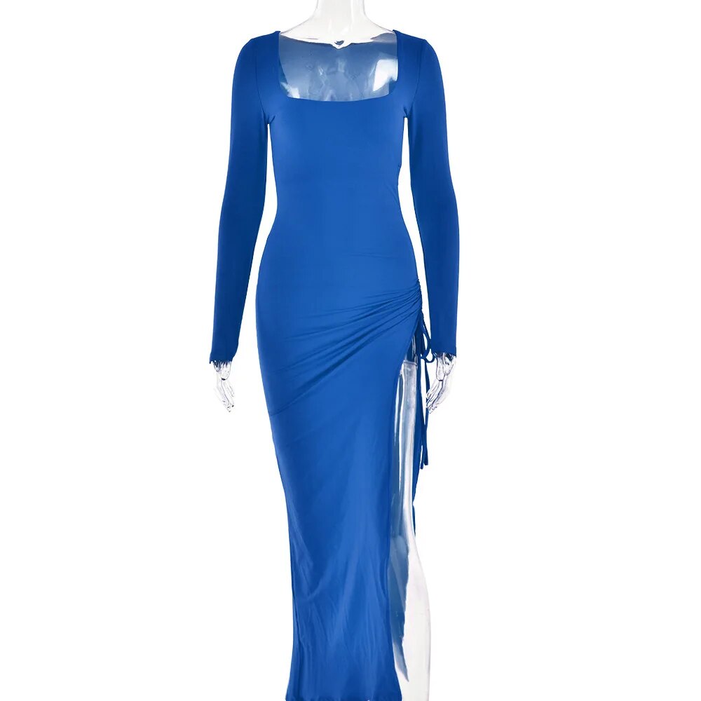 Long Sleeve Ruched High Split Maxi Dress Women Square Collar Drawstring Bodycon Sexy Party Long Dress Elegant Autumn