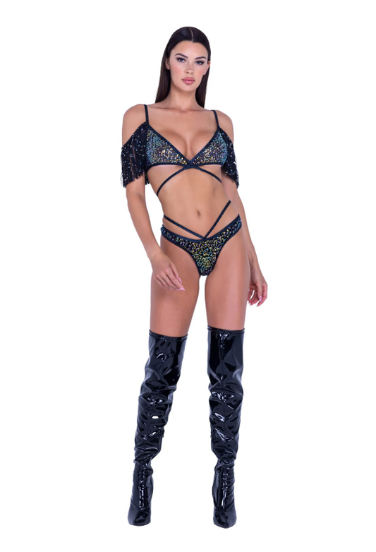 SEQUIN FISHNET STRAPPY SHORTS AND FISHNET TOP