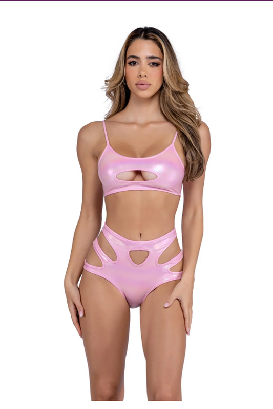 METALLIC IRIDESCENT KEYHOLE CROPPED TOP AND KEYHOLE HIGH-WAISTED SHORTS