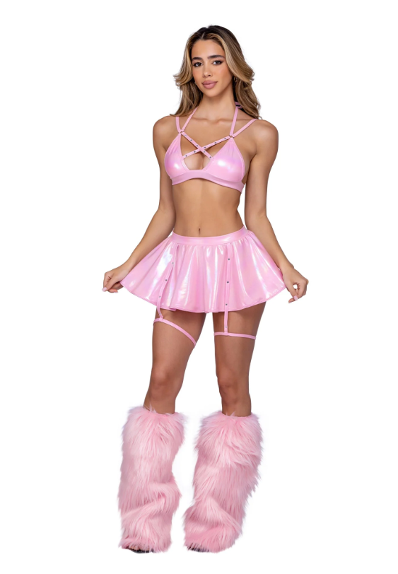 METALLIC IRIDESCENT CRISS CROSS BIKINI TOP AND SKIRT WITH RHINESTONE DETAIL