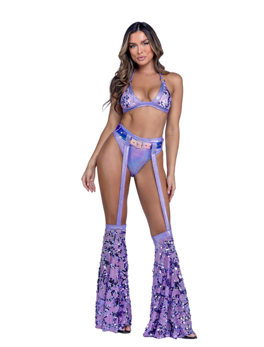 LAVENDER SEQUIN HALTER BIKINI TOP | SHIMMER HIGH-WAISTED SHORTS | VINYL BELT WITH ATTACHED SEQUIN BELL BOTTOMS