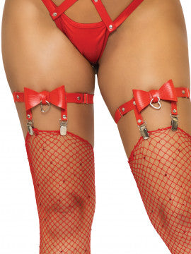 Leather Bow Garter - One Size - Red