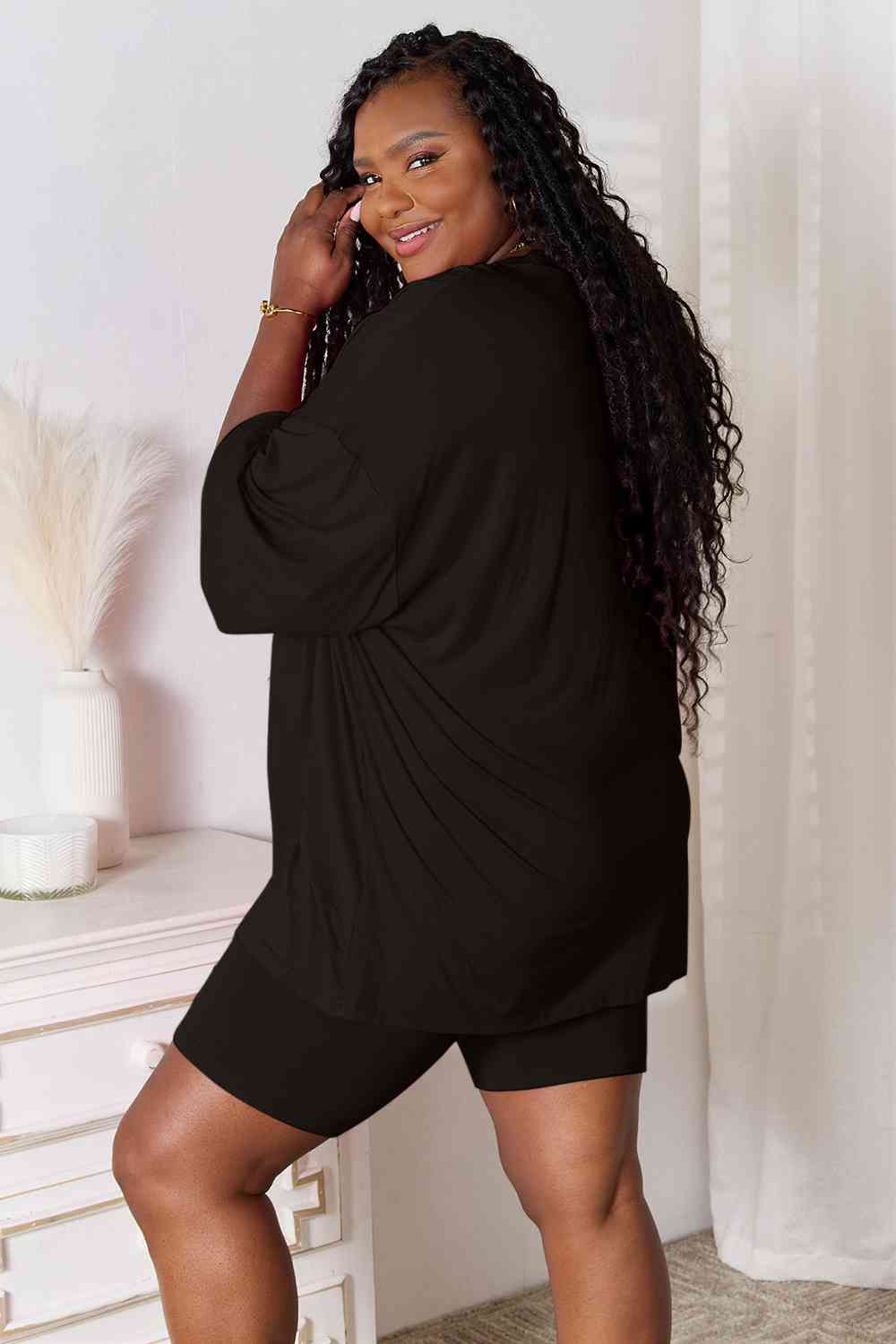 1.Basic Bae Full Size Soft Rayon Three-Quarter Sleeve Top and Shorts Set