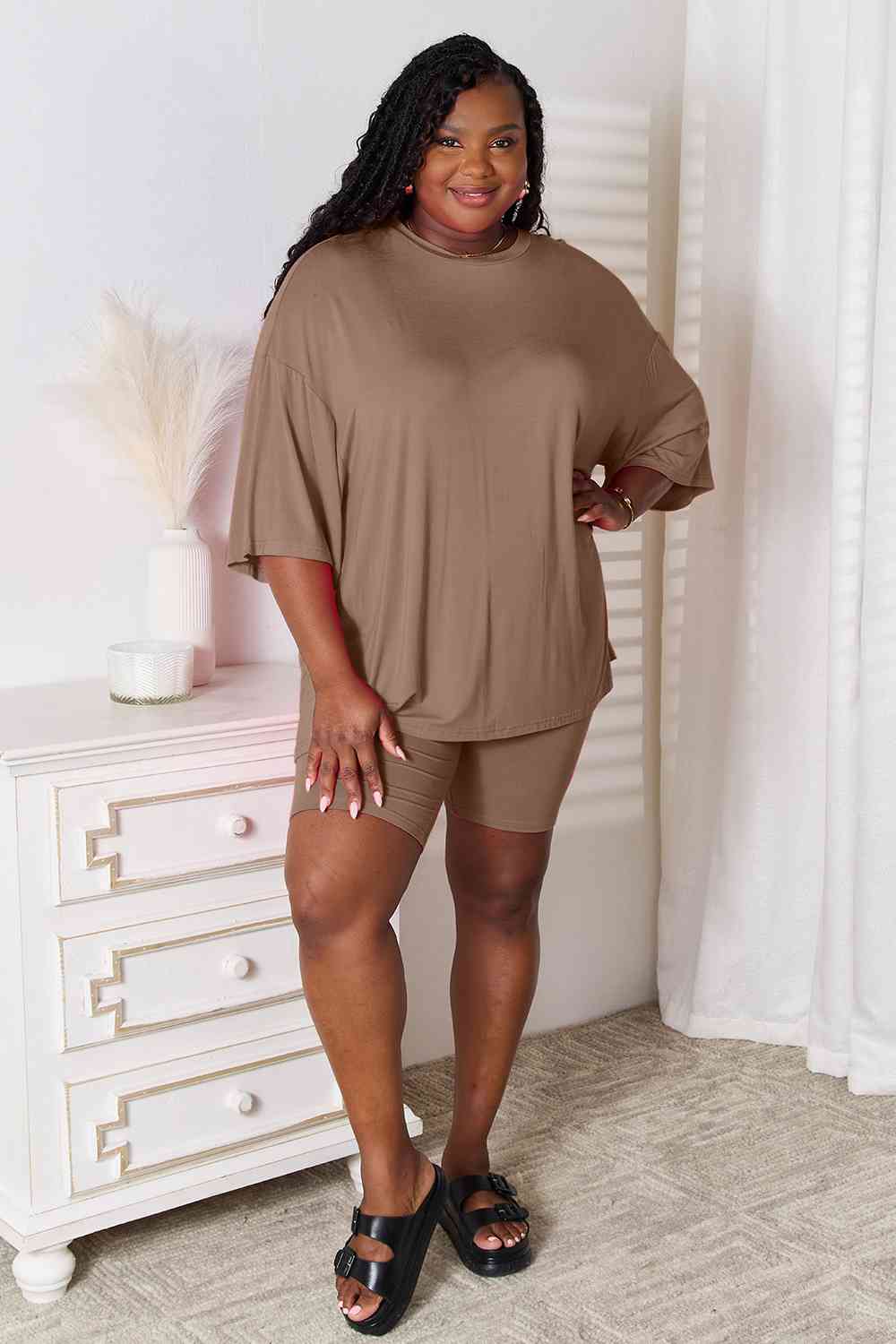 1.Basic Bae Full Size Soft Rayon Three-Quarter Sleeve Top and Shorts Set