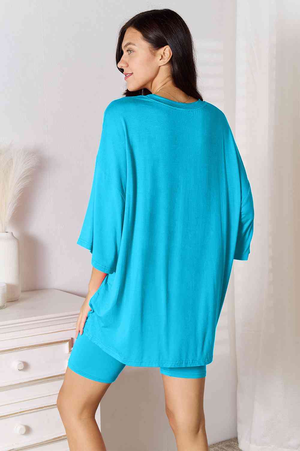 1.Basic Bae Full Size Soft Rayon Three-Quarter Sleeve Top and Shorts Set