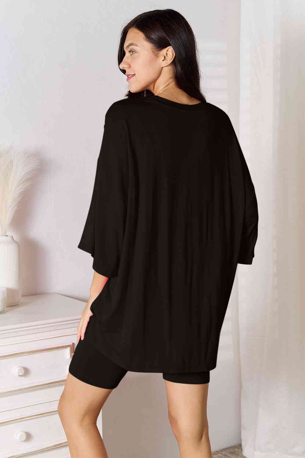 1.Basic Bae Full Size Soft Rayon Three-Quarter Sleeve Top and Shorts Set