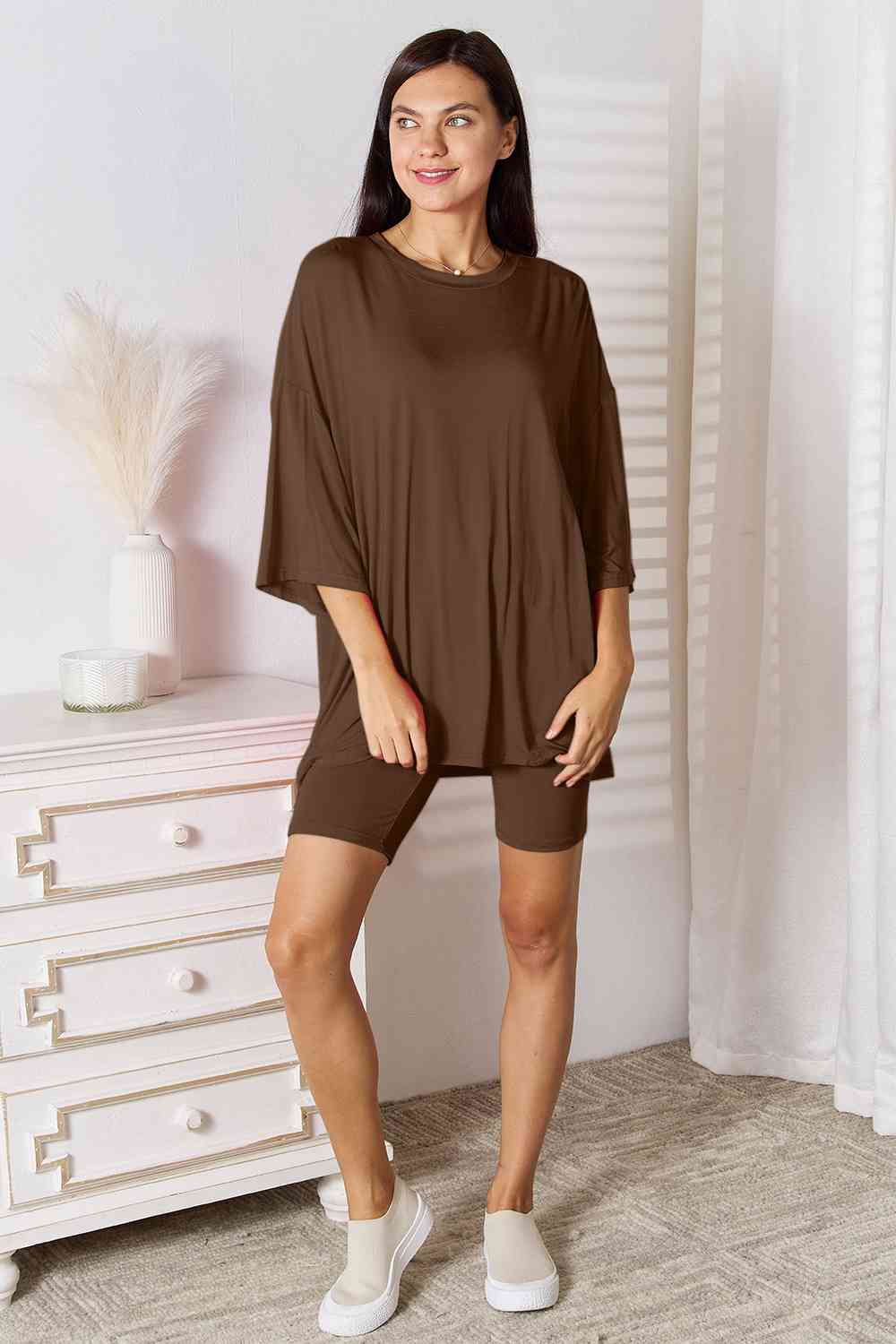 1.Basic Bae Full Size Soft Rayon Three-Quarter Sleeve Top and Shorts Set