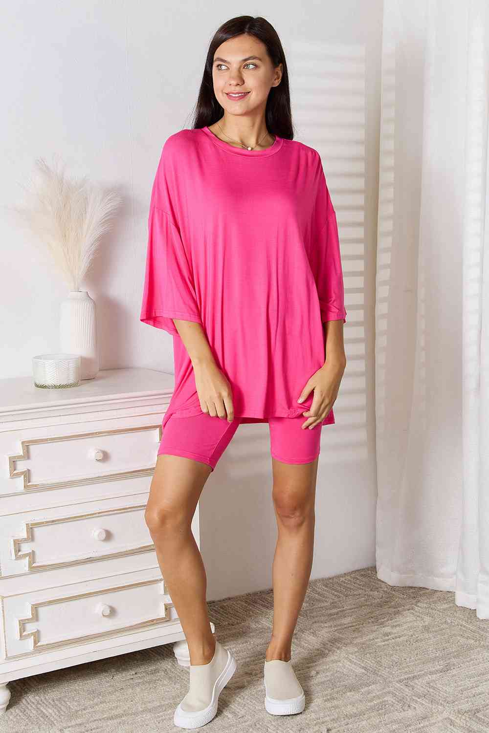 1.Basic Bae Full Size Soft Rayon Three-Quarter Sleeve Top and Shorts Set