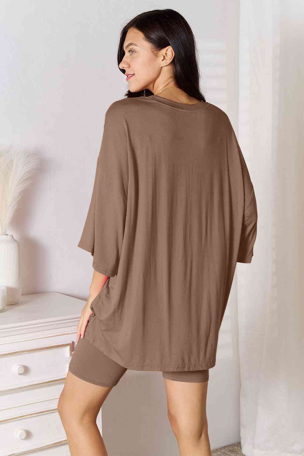 1.Basic Bae Full Size Soft Rayon Three-Quarter Sleeve Top and Shorts Set