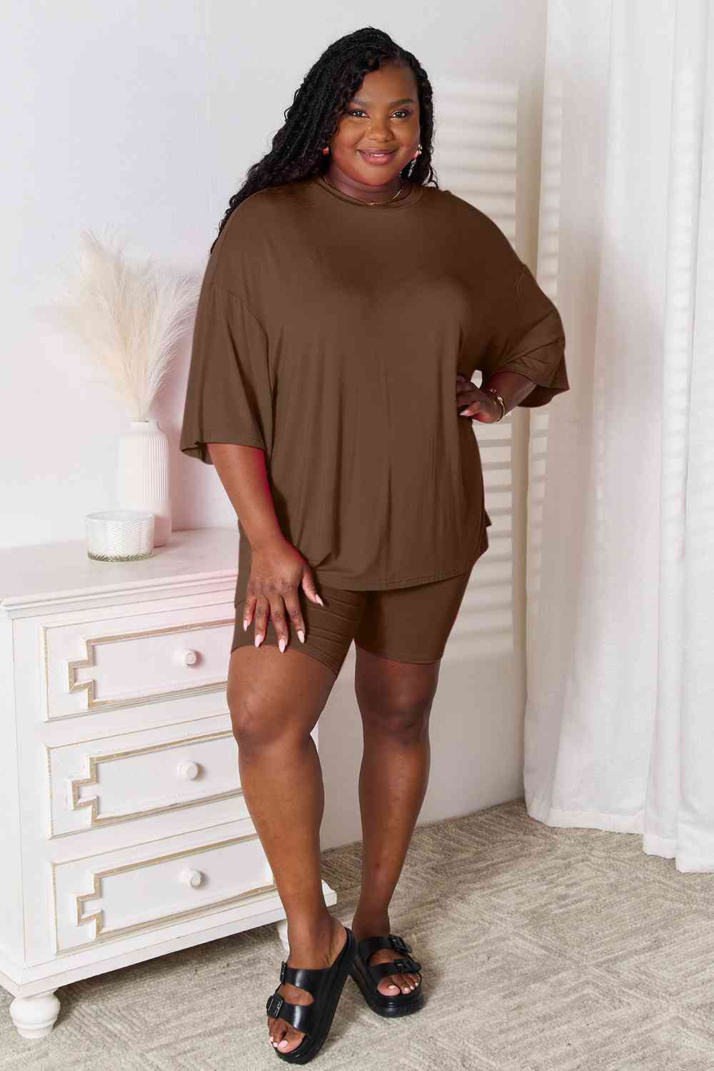 1.Basic Bae Full Size Soft Rayon Three-Quarter Sleeve Top and Shorts Set