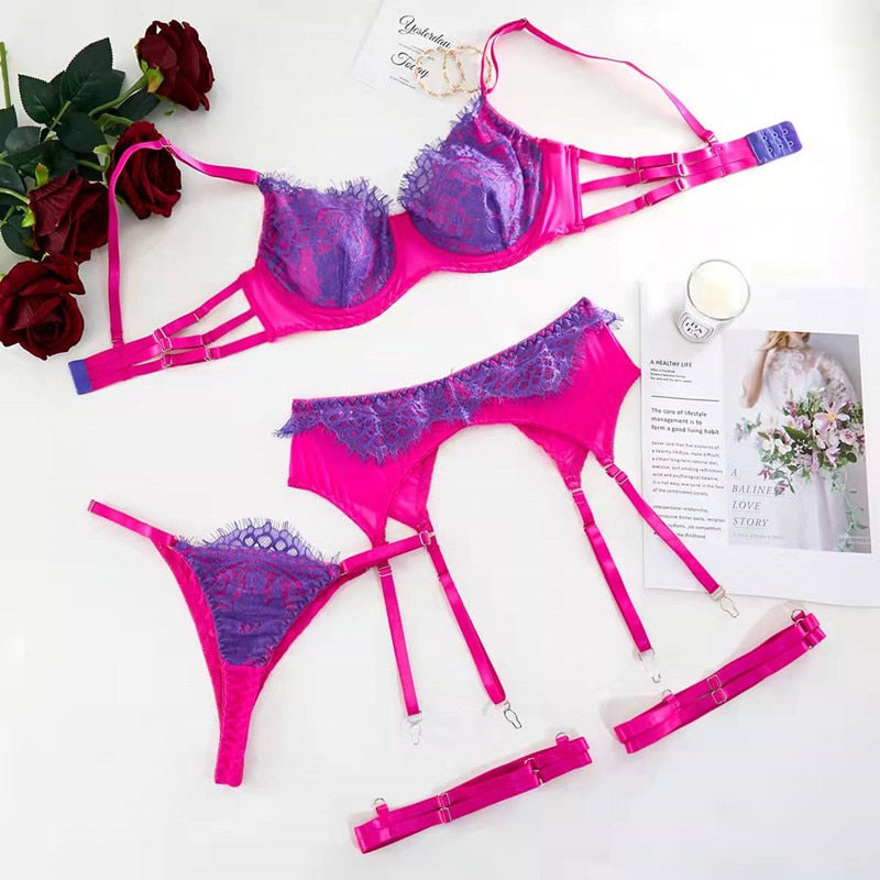 3 Piece Contrast Color Lace Erotic Set