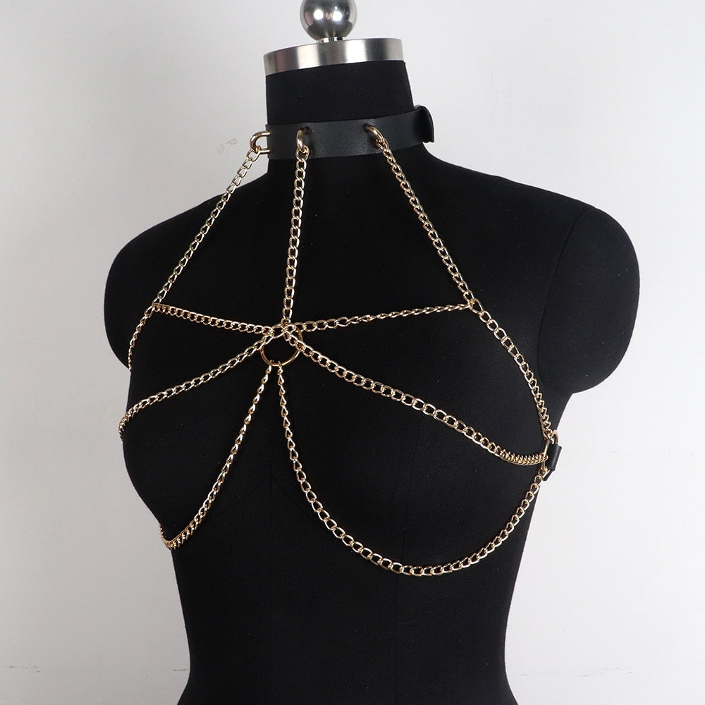 Sexy Goth Harness Gold Chain Bra