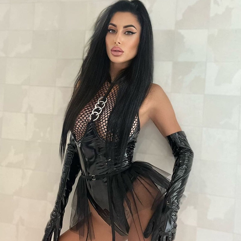 One Piece Leather Women Bodysuit Crotchless Zipper