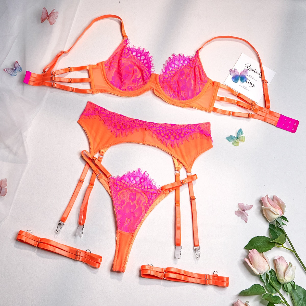 3 Piece Contrast Color Lace Erotic Set