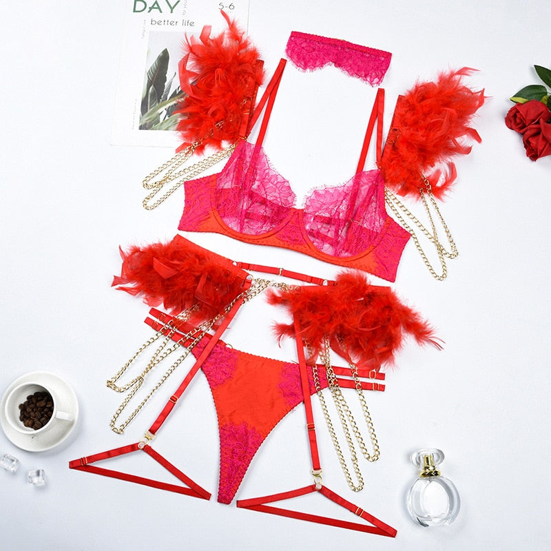 Feather Lingerie Sets For Women Luxury G-String Lace Underwear Set Sexy Bra and Panty Set With Chain Garter
