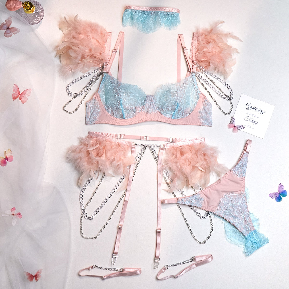 Feather Lingerie Sets For Women Luxury G-String Lace Underwear Set Sexy Bra and Panty Set With Chain Garter