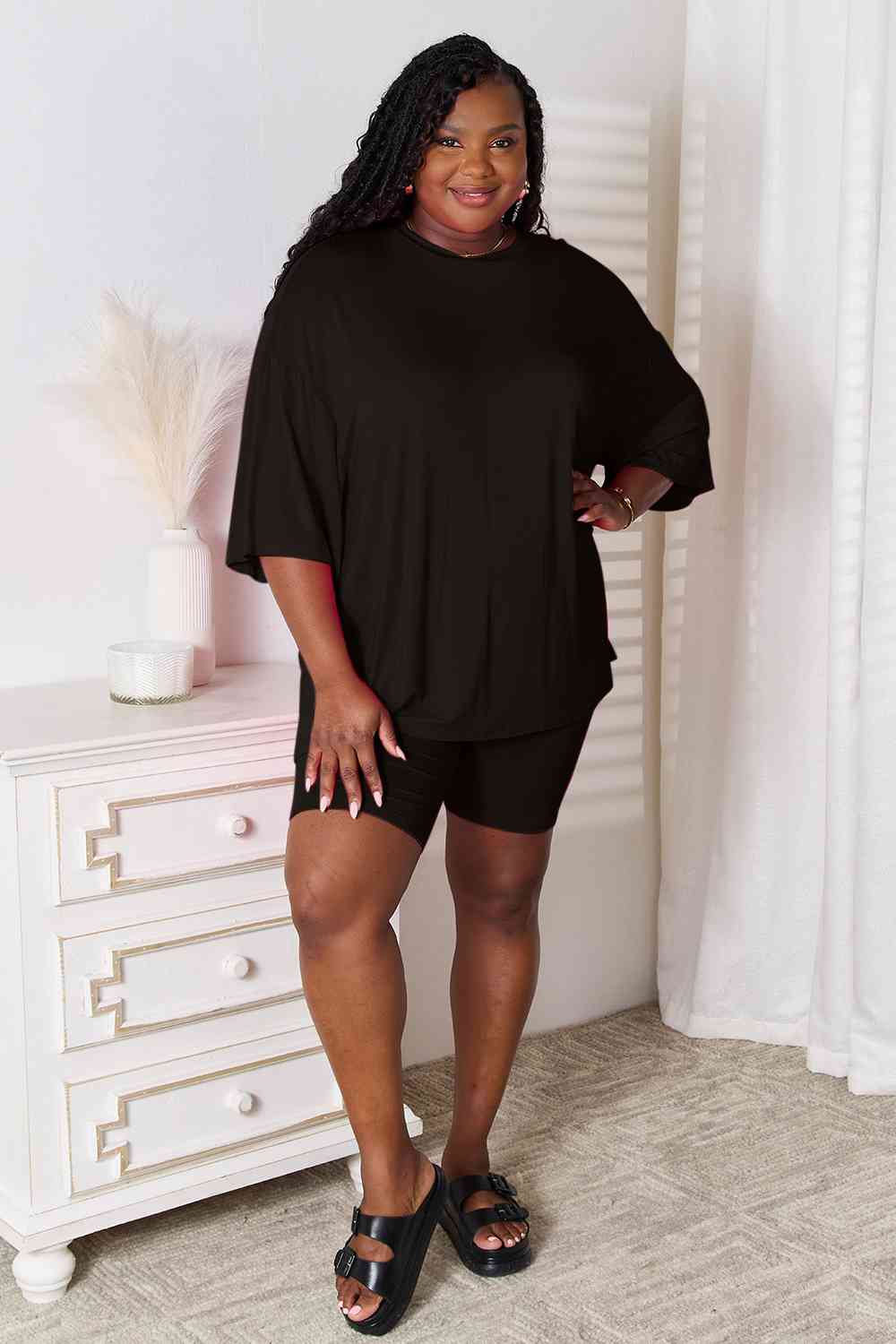 1.Basic Bae Full Size Soft Rayon Three-Quarter Sleeve Top and Shorts Set