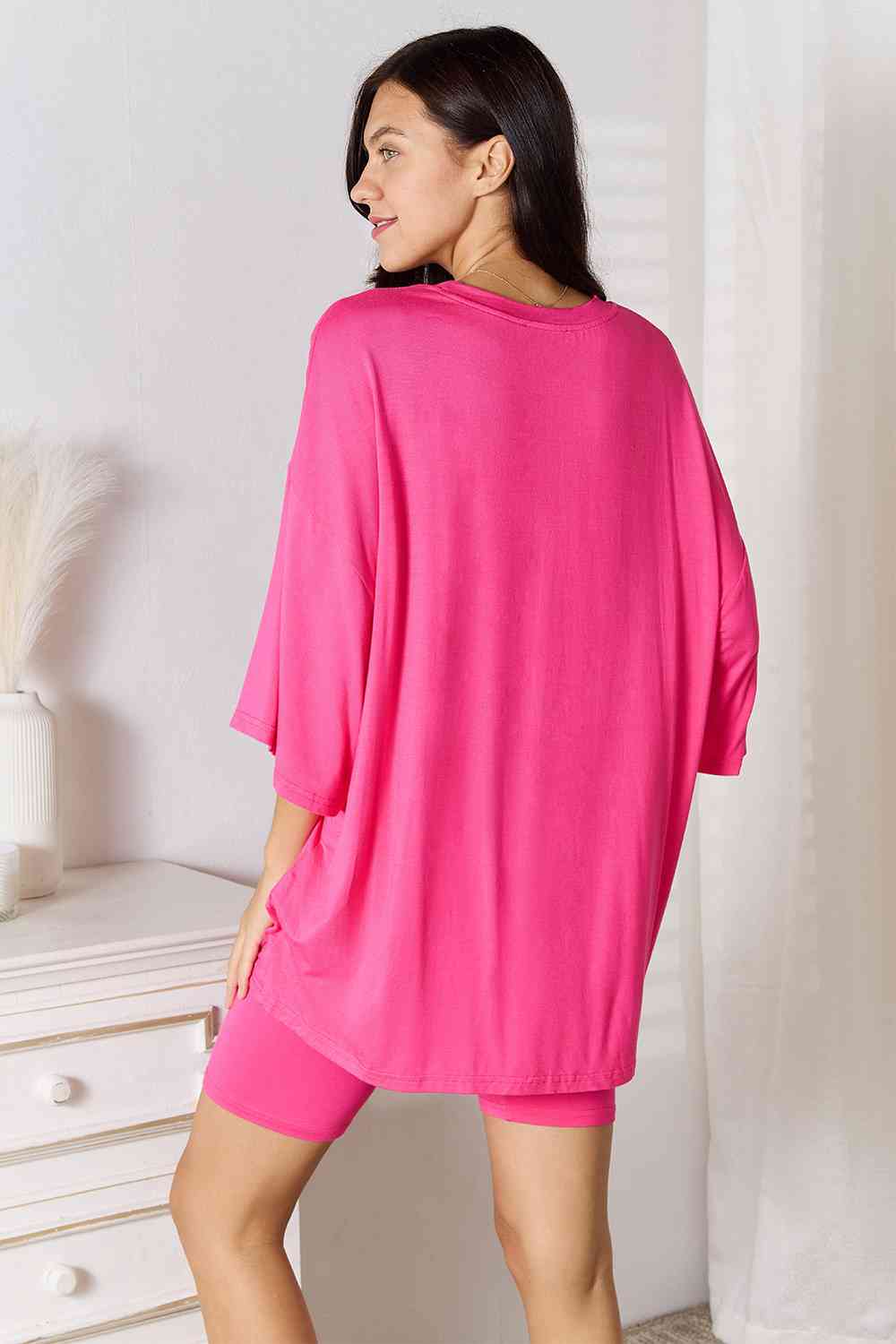 1.Basic Bae Full Size Soft Rayon Three-Quarter Sleeve Top and Shorts Set
