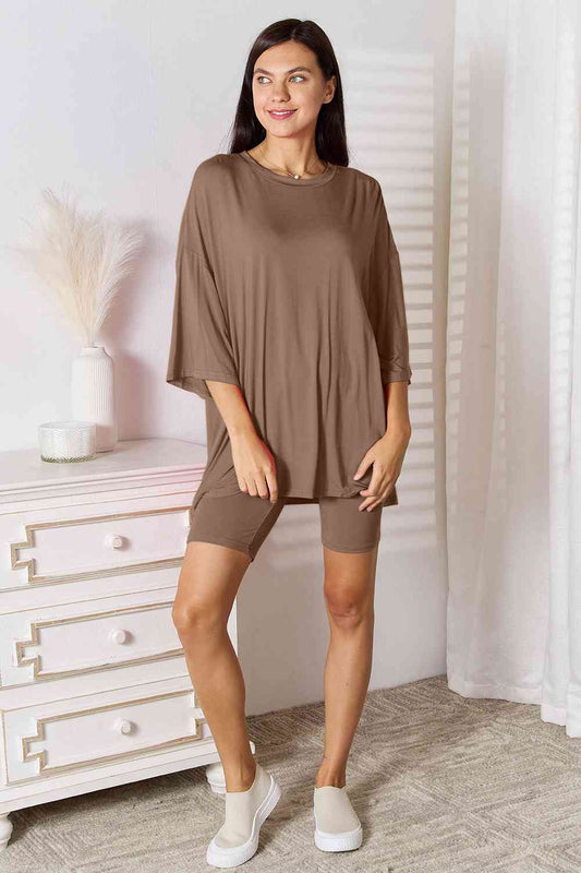 1.Basic Bae Full Size Soft Rayon Three-Quarter Sleeve Top and Shorts Set