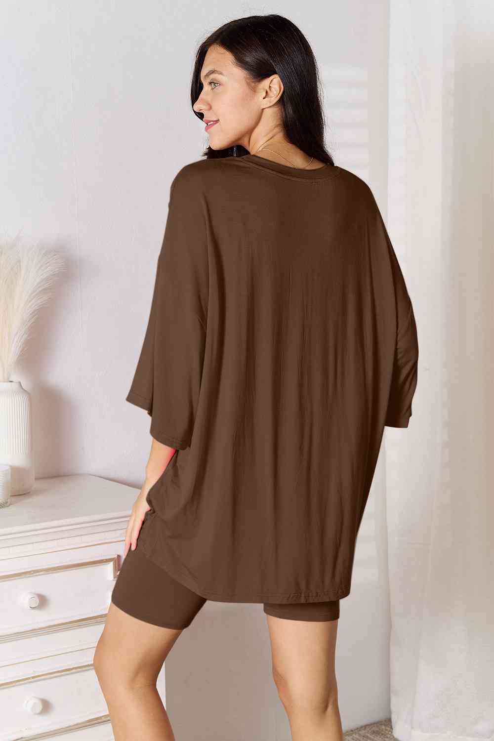 1.Basic Bae Full Size Soft Rayon Three-Quarter Sleeve Top and Shorts Set