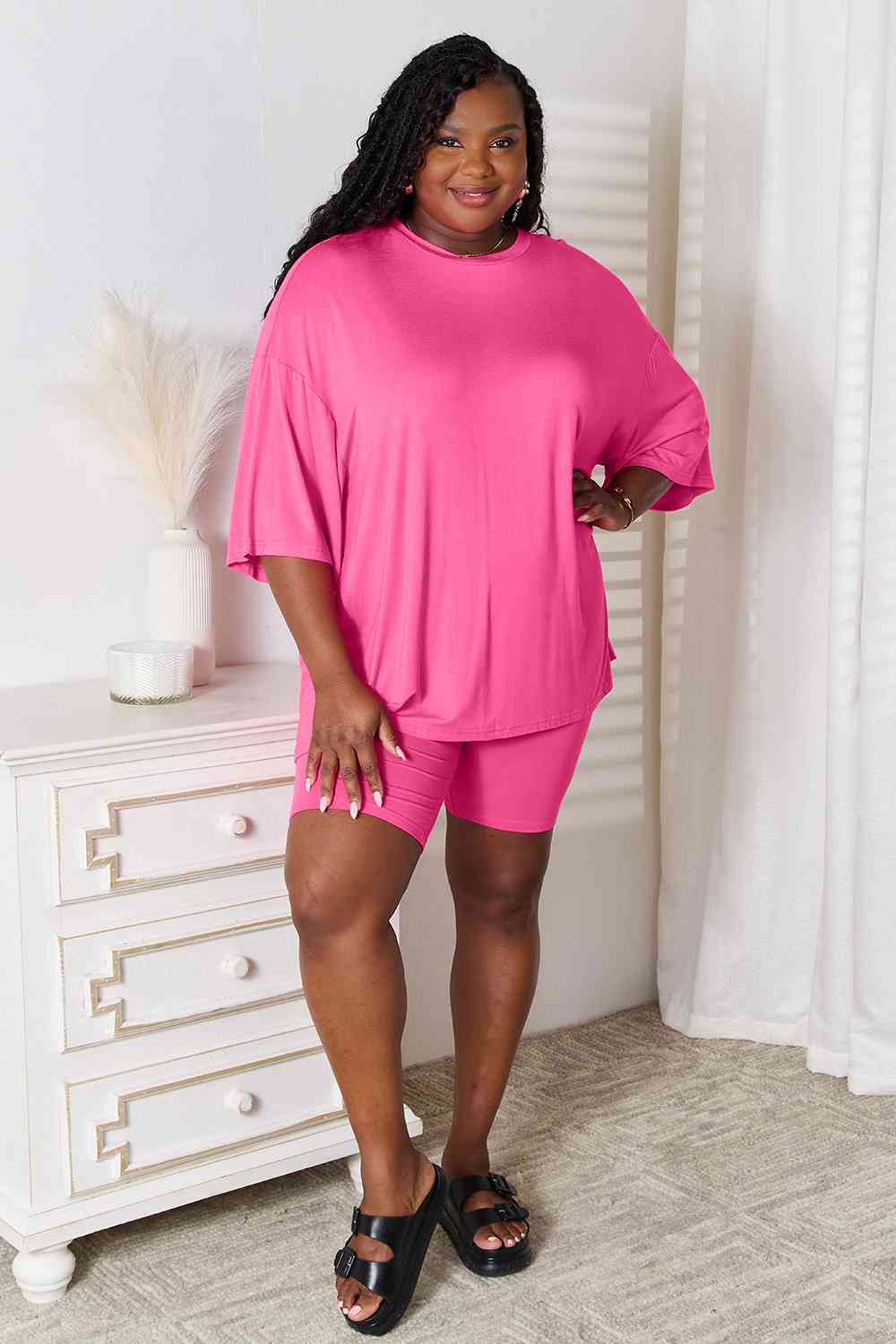 1.Basic Bae Full Size Soft Rayon Three-Quarter Sleeve Top and Shorts Set